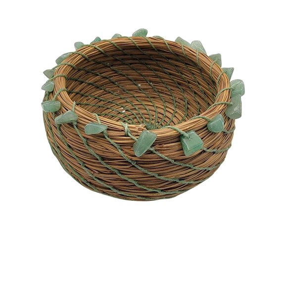 Pine Needle Basket with Jade Stone Accents - Picture 1 of 4